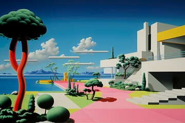 City pop, retro 80s minimalist resort, beach city, miami, vice city, landscape with palms	