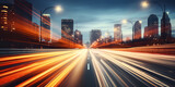 Fototapeta  - Digital Highway, Motion Effect, Fast Street, City silhouette and glowing headlamp trails on road. Flowing road with blurred motion visually conveying rapid speed and efficient transfer, generative Ai