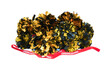 Gold and black pompoms with a red cheerleading ribbon