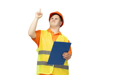 Wall Mural - PNG, boy with down syndrome in work uniform with hard hat on his head, isolated on white background