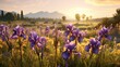 A field of wild irises, their striking purple and yellow blossoms adding a touch of elegance to a countryside landscape.