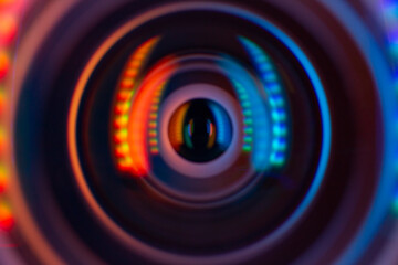 Close up detail of a professional photocamera in a studio environment, no people are visible.