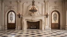  Spain Style, Classic Stone Fireplace, Beige Doors, Checkerboard Marble Flooring, Arched Windows, 16:9