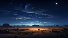 Moonlit Night In The Sahara Desert, With Endless Sand Dune, Camel Caravan, Copy Space, 16:9