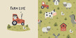 Сhildish pattern with farm, tractor and animals, cute baby  print.  Seamless background, cute vector texture for kids bedding, fabric, wallpaper, wrapping paper, textile, t-shirt print