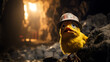 Terrified canary bird wearing miner's hard hat in standing in mine shaft, canary in the coal mine idiom concept