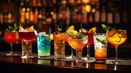 Wall Mural -  set of Alcoholic cocktails, Variety of alcoholic drinks and multi colored cocktails on the reflective surface of bar counter,Panorama banner with an assortment of colorful exotic alcoholic cocktail	