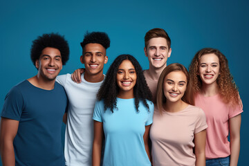 Cheerful young diverse people with toothy smiles posing together and looking at camera against blue background.