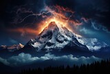 Fototapeta Do pokoju - An awe-inspiring image of a mountain hit by lightning against the backdrop of the Milky Way galaxy by Generative AI