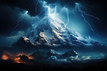 Wall Mural - an awe-inspiring image of a mountain hit by lightning against the backdrop of the milky way galaxy b