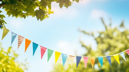 Vibrant summer celebration: colorful pennant string decoration swinging amidst green tree foliage, against blue sky - festive banner with copy space