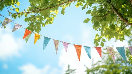 Wall Mural - Vibrant summer celebration: colorful pennant string decoration swinging amidst green tree foliage, against blue sky - festive banner with copy space