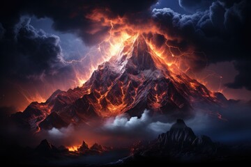Wall Mural - an awe-inspiring image of a mountain hit by lightning against the backdrop of the milky way galaxy b