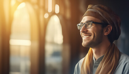 Young muslim man with glasses walking in the park in autumn