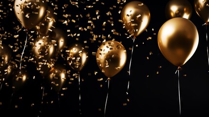 Wall Mural - gold balloons and confetti on black background for festive occasions