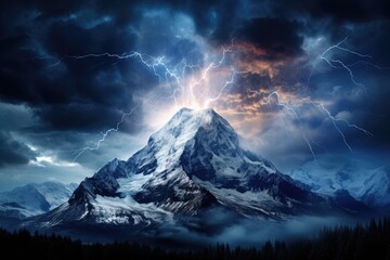 Wall Mural - an awe-inspiring image of a mountain hit by lightning against the backdrop of the milky way galaxy b