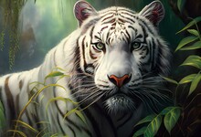 White Tiger In The Forest. White Tiger Head Among The Leaves, Beautiful Picture Of A White Tiger, Green Background, High Quality Illustration 