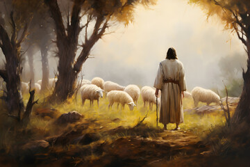 Wall Mural - Jesus Christ, the good shepherd and sheep at the grove. AI generative