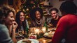 © Ameer - Happy and diverse group of friends celebrating the holidays at dinner.