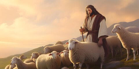 Wall Mural - Jesus Christ, the good shepherd and sheep at green hill. AI generative
