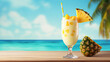 pineapple cocktail on the beach, Pina colada, a chilled Caribbean cocktail in a glass.