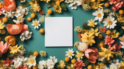 Wall Mural - Green floral background with a blank white frame in the center. Empty space for product placement or advertising text.