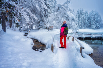 Wall Mural - Young woman in red with backpack in beautiful snowy forest in winter. Kranjska Gora, Slovenia. Landscape with trees in snow, sporty girl, trail. Snowfall in wintry foggy woods. Trees in hoar. Hiking 