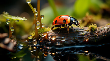 Wall Mural - beautiful ladybug on leaf defocused background