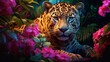 a gentle tiger lies and looks at the camera with a slight pink tint in the wild created with Generative Ai
