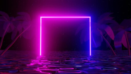 Wall Mural - 3d retro 80s 90s blue and pink neon glowing square with sea ocean. Metal fluid sci-fi waves. Abstract rectangular frame, laser line in night sky shine stars background. Animation looped 4k 30 fps y2k