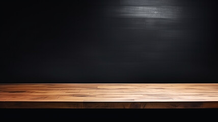 Wall Mural - Empty wooden table top on black dark concrete wall