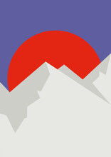 Mountains Landscape With Peaks And Red Sun Illustration Poster. Winter, Autumn Minimalist Wall Decor
