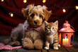 Couple of cute animals puppy and kitten together. Valentine's day, romance concept