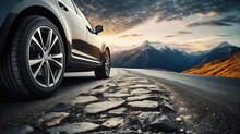 Tires On The Asphalt Road, Low Angle Side View Of Car. - Safety Road Trip Concept.