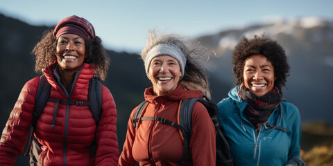 Wall Mural - Happy Senior Older Group of Women Hiking with Backpack at Mountains or Forest. Enjoying nature, having a good time on their retirement.