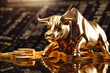 Concept of bull financial or cryptographic market, bull from gold and golden bit coin comparison and rivalry on market