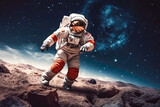 Fototapeta Kosmos - Shot of astronaut dressed in his full safety gear walking on rock surface with spectacular space in the background, traveling in space concept
