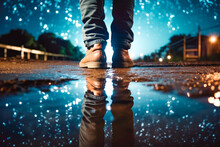 Close Up Of Man's Feet Standing In Front Of A Puddle With Reflection Of Spectacularly Beautiful Night Sky And Space In The Background