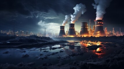 Power plant with smoking chimneys at night. Concept of environmental pollution