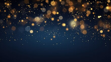 New Year, Christmas Background With Gold Stars And Sparkling. Golden Light Shine Particles Bokeh On Navy Background