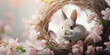 Easter banner with painted eggs and spring cherry blossom flower and cute little baby bunny rabbit on pastel background. Soft whimsical light with copy space..