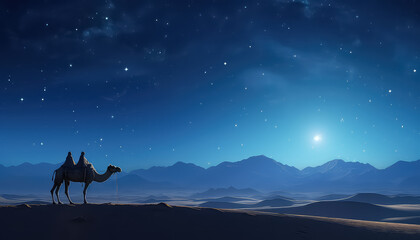 Wall Mural - Camel at night in desert with stars, ramadan concept