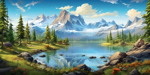 Canvas Print - Majestic Serenity  Enchanting Mountain Lake Embraced by Verdant Forests, Generative AI