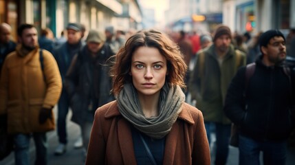 portrait of a young woman in a crowd of people