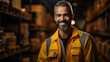 Positive adult male warehouse worker in overalls. Portrait of a loader or logistician job