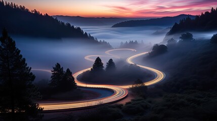 Wall Mural - Car headlights and traffic lights on a winding road