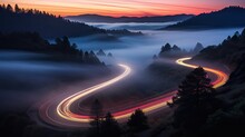 Car Headlights And Traffic Lights On A Winding Road
