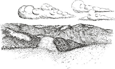 Hand drawn panoramic landscape with grass hills and forest trees in sketch style. Beautiful nature composition. Vector illustration.