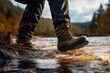 boots of a man walking on water in a difficult forest