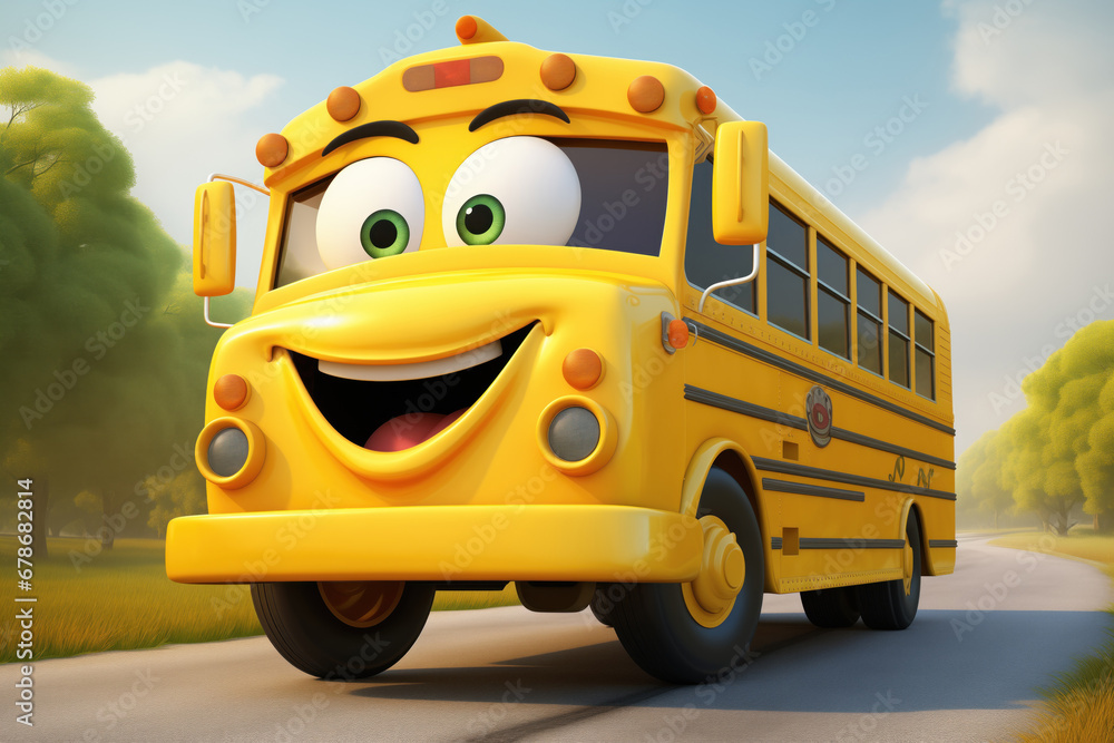 Happy character yellow school bus on the road in a sunny summer day ...